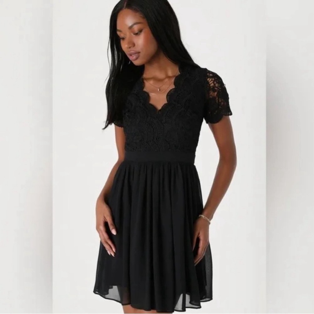 Lulu’s Angel in Disguise Black Lace and Chiffon Skater Dress